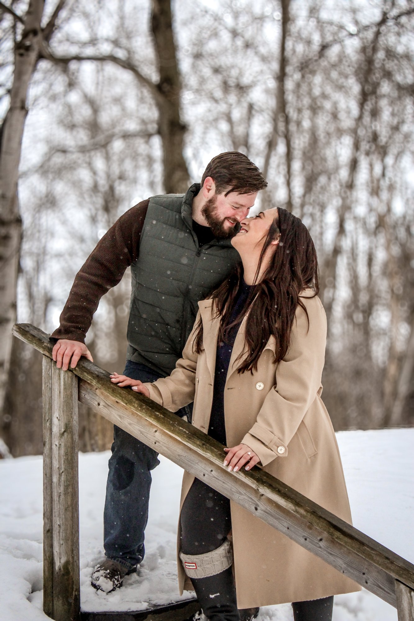 Couple portrait in winter snow in Elmira, Ontario