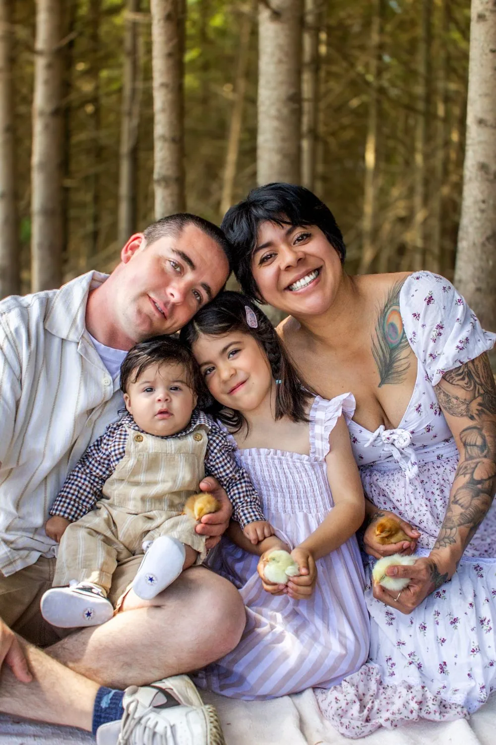 Family of four holding baby chicks in the pine forest at Woolwich Dam - Spring Minis session in Elmira, Ontario